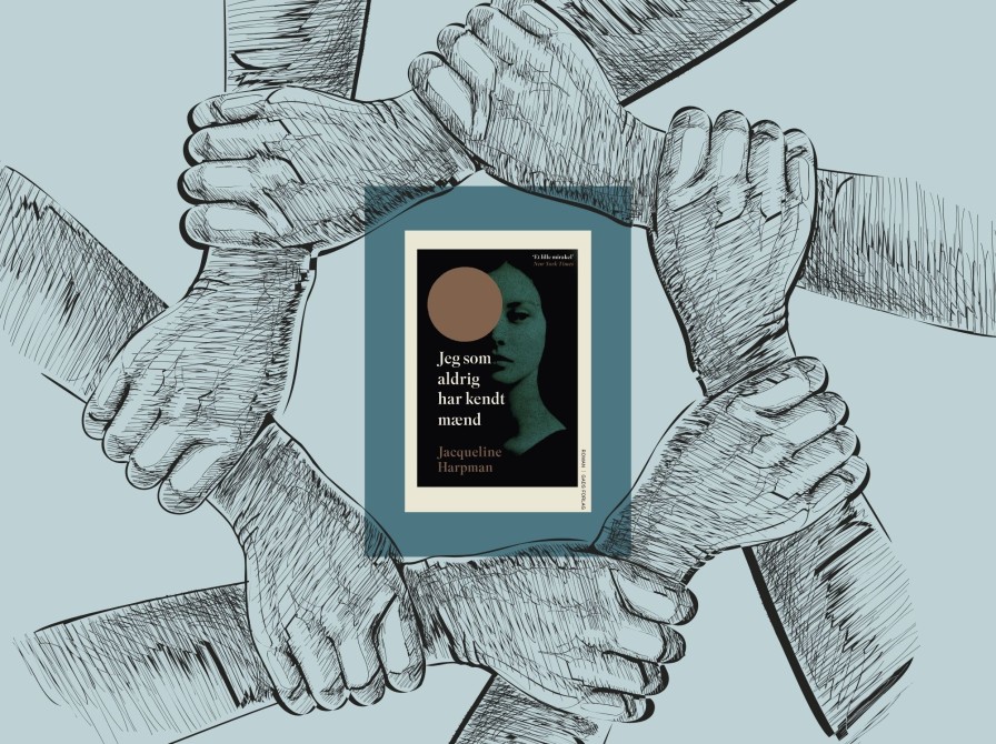 Forsiden af "Jeg som aldrig har kendt mænd" på en baggrund med låste arme som symbol på fællesskab.